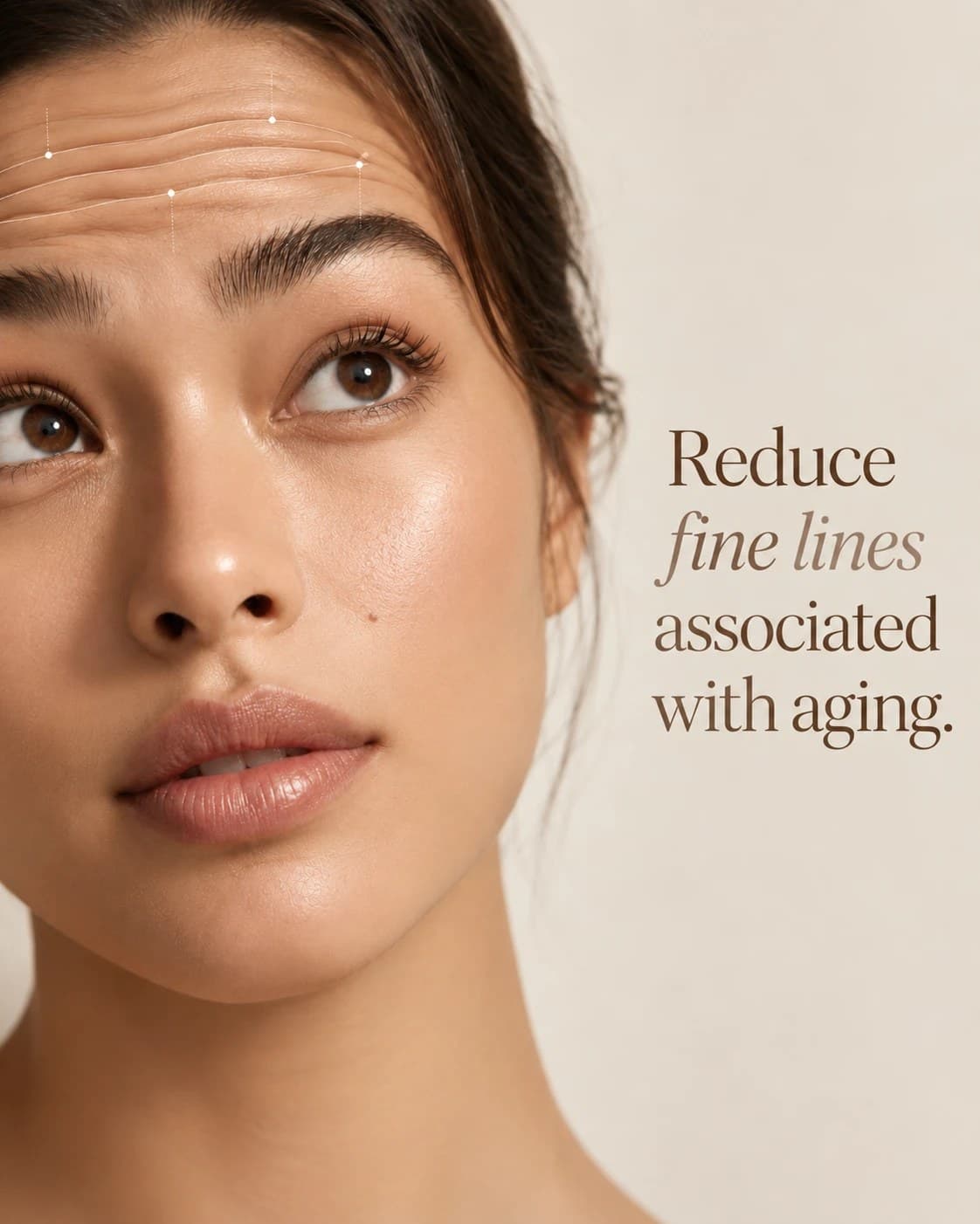 Close-up portrait of a woman with the words: Reduce fine lines associated with aging.