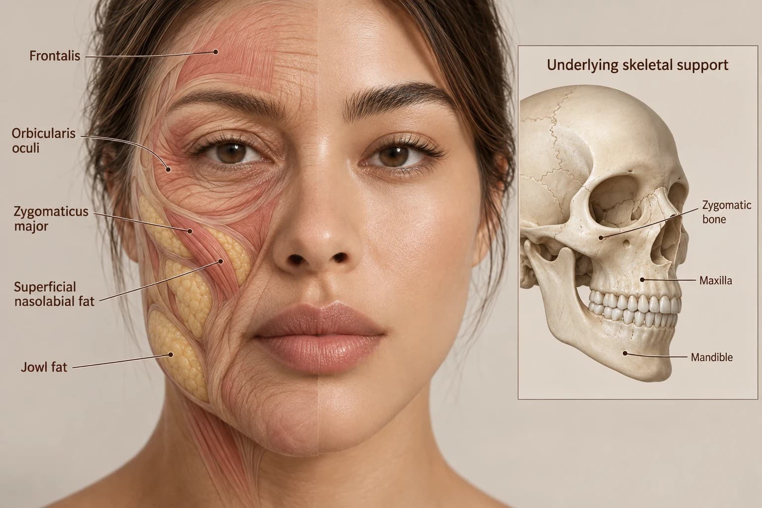 Illustration of a face with labelled layers: the frontalis, orbicularis oculi and zygomaticus major muscles, the superficial nasolabial and jowl fat compartments, and a skull showing the zygomatic bone, maxilla and mandible.