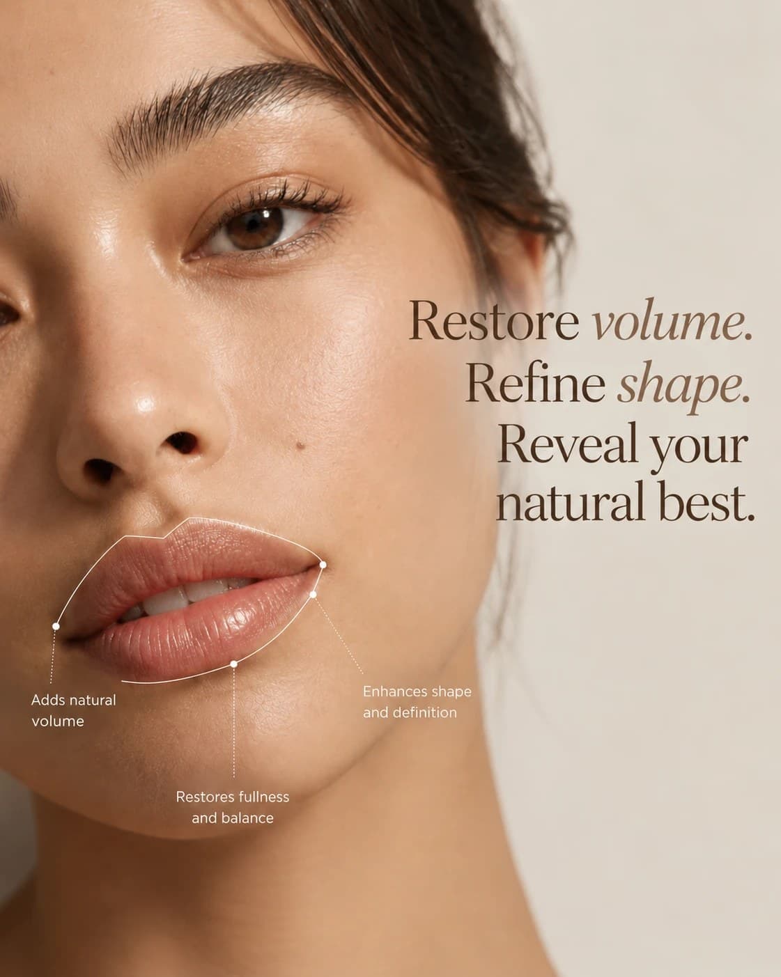 Close-up portrait of a woman with the words: Restore volume. Refine shape. Reveal your natural best.