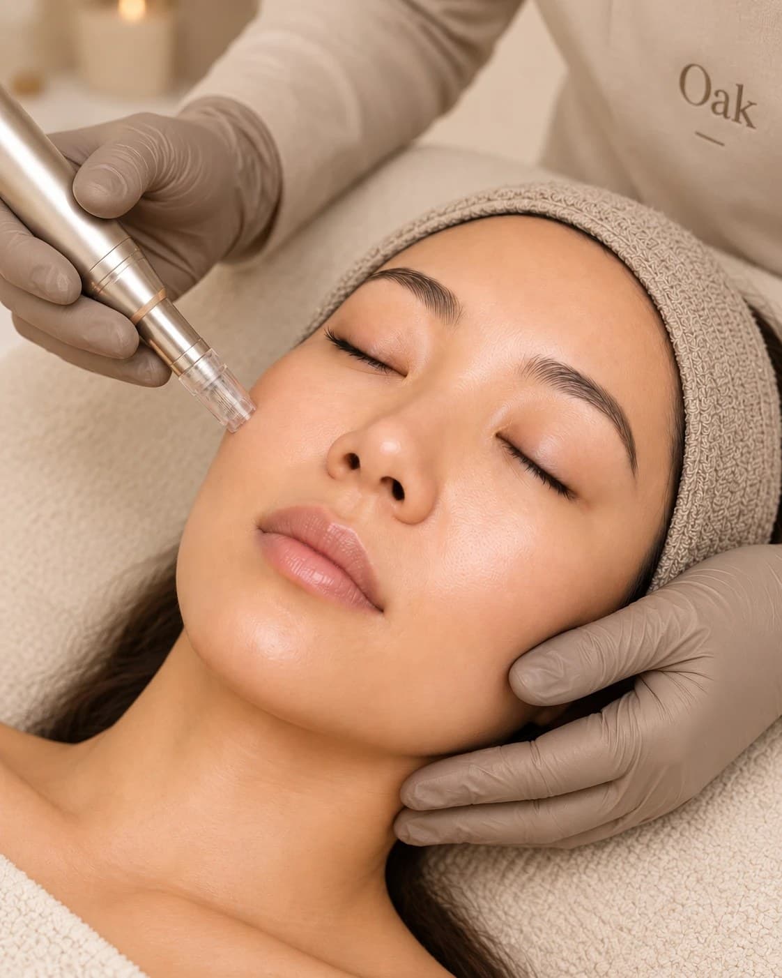 A clinician performing microneedling on a client's cheek