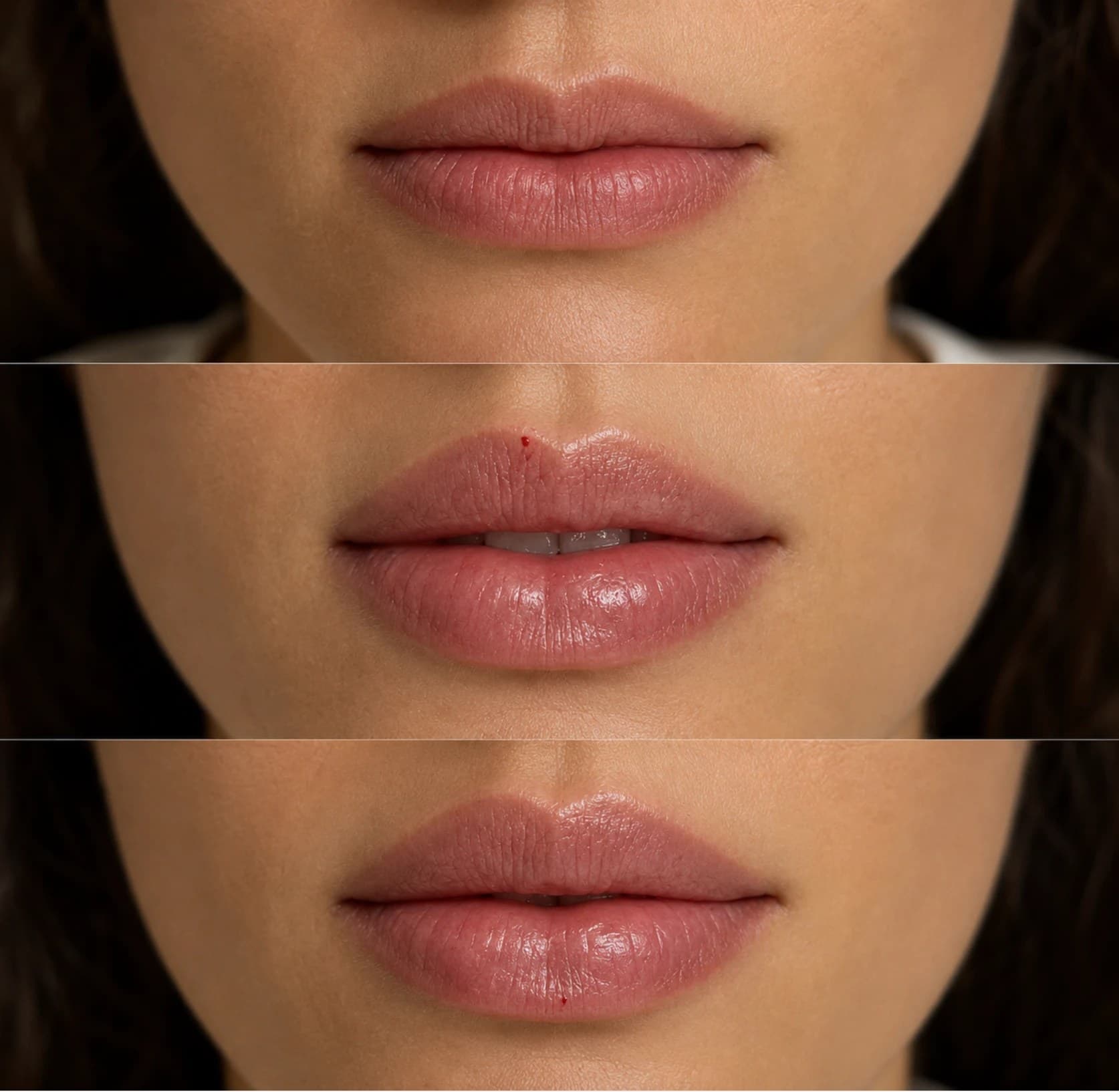One patient's lips photographed before treatment, straight after, and after healing