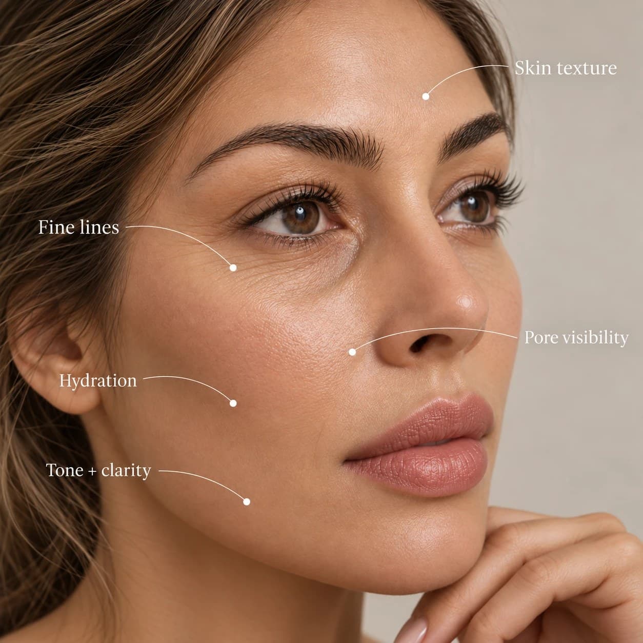 Close-up of a woman's face with labels pointing to skin texture, fine lines, pore visibility, hydration, and tone and clarity.