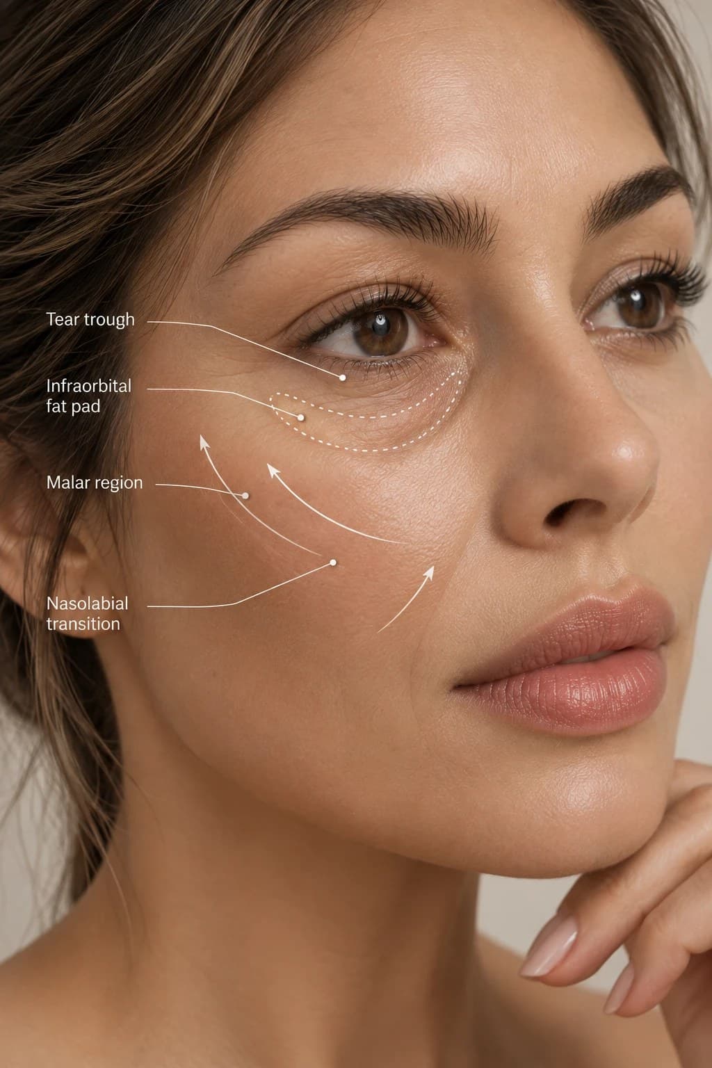 Close-up of a woman's face with labels marking the tear trough, infraorbital fat pad, malar region and nasolabial transition.